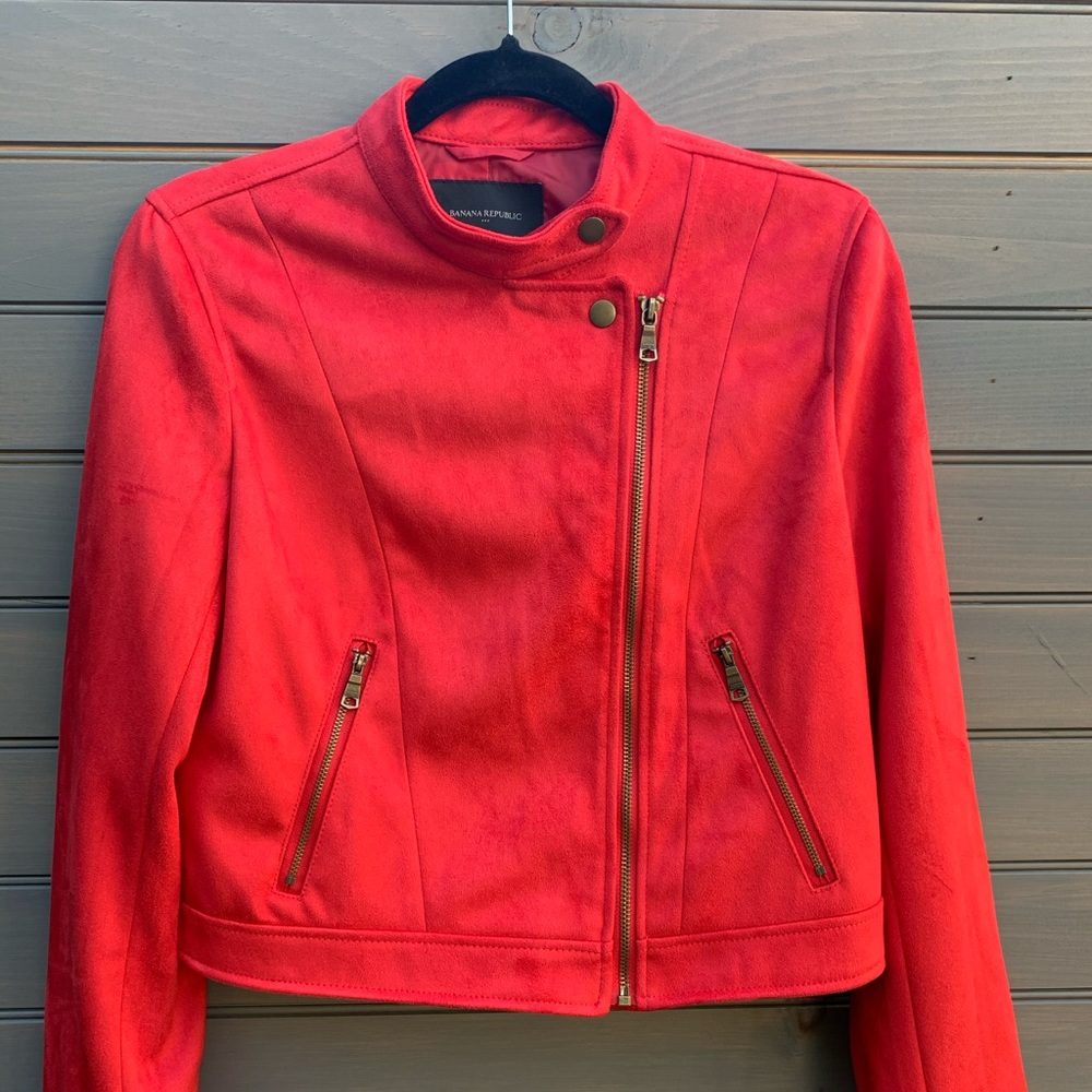 Red faux suede moto jacket
